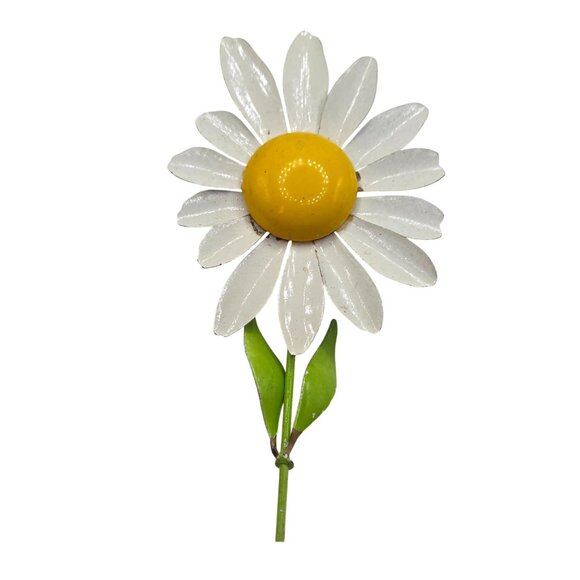 Vintage White Daisy Enamel Flower Brooch Pin With Yellow Center & Green Leaves - Picture 3 of 3